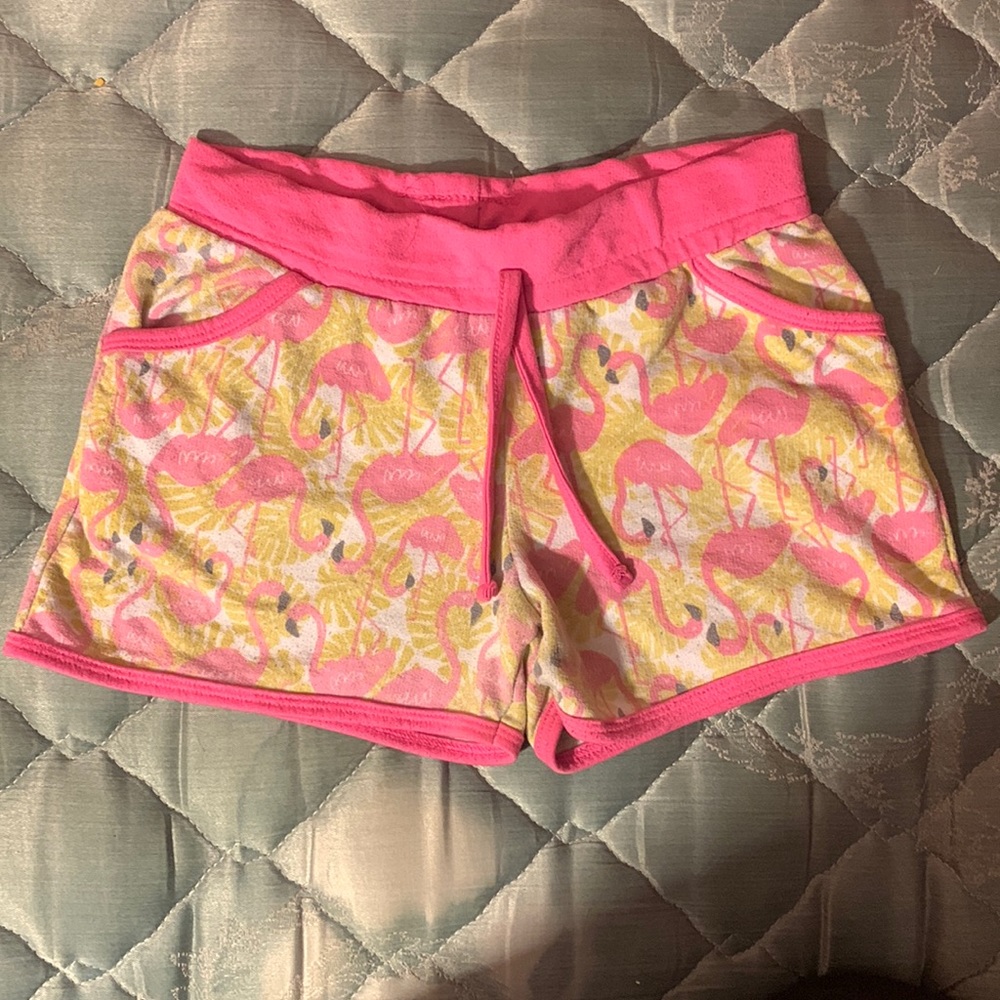 Medium, Pink and yellow flamingo pajama shorts with pockets and strings